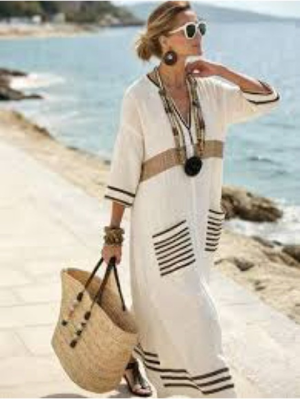Cream Striped Caftan Beach Cover-Up with Black Trim